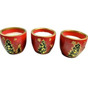 Set Of 3 Red Gold Christmas Tree Themed Votive Candles In Decorative Holders u